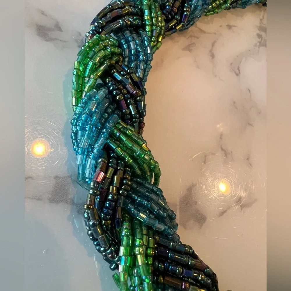 Vintage Braided Bead Necklace, Green, Blue and Irridescent